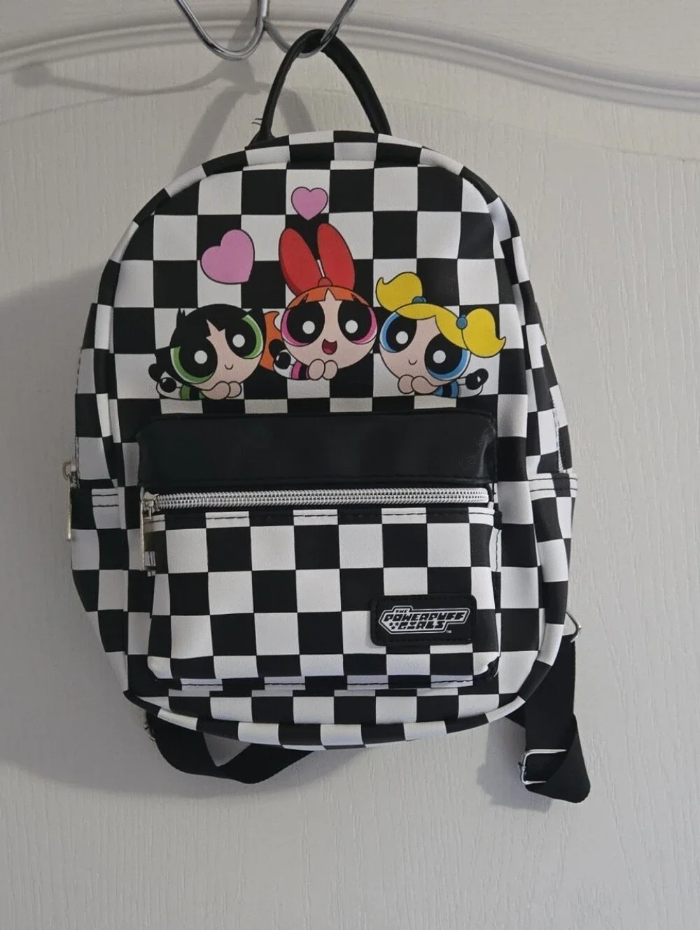 Kids Black & White Checkerboard Backpack with Pink, Red & Yellow Powerpuff Girls